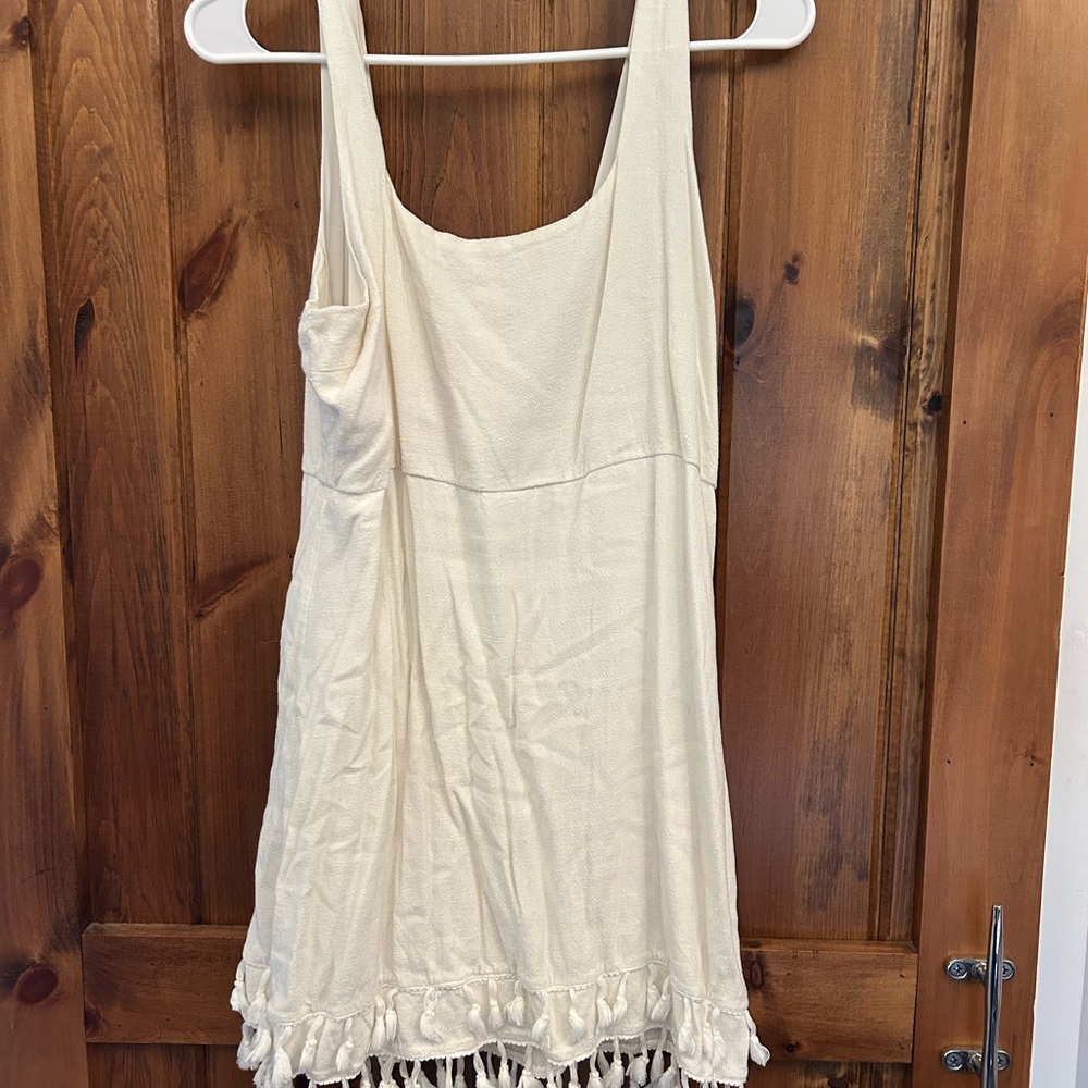 Lulu's Cream Mini Dress with Tassel Hem